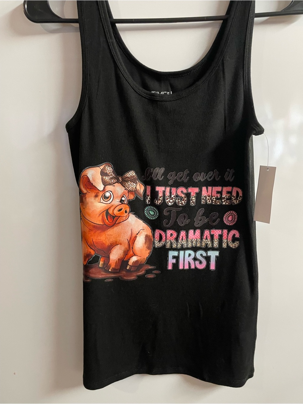 Girls Black Graphic Tank Top with Pig Design